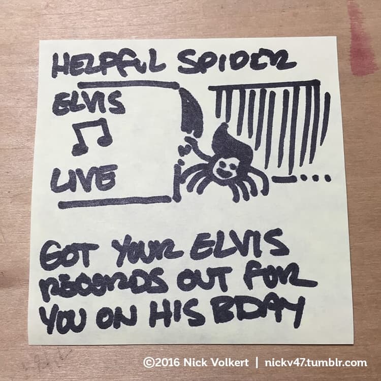Elvis Spider | Nick Volkert Helpful Spider is dressed as Elvis, playing his records on his birthday.