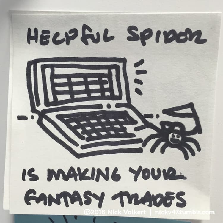 Fantasy Football | Nick Volkert Helpful Spider is in front of a laptop making fantasy football trades.