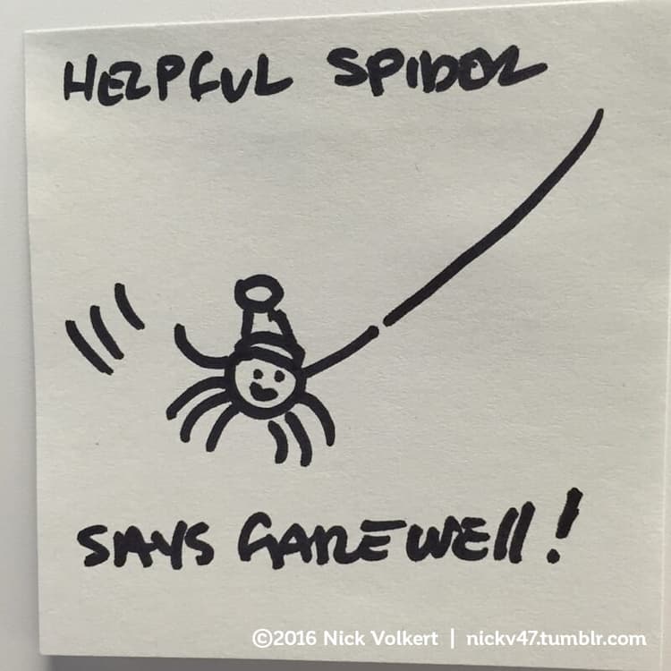 Farewell | Nick Volkert Helpful Spider is swinging on a rope and waving goodbye.