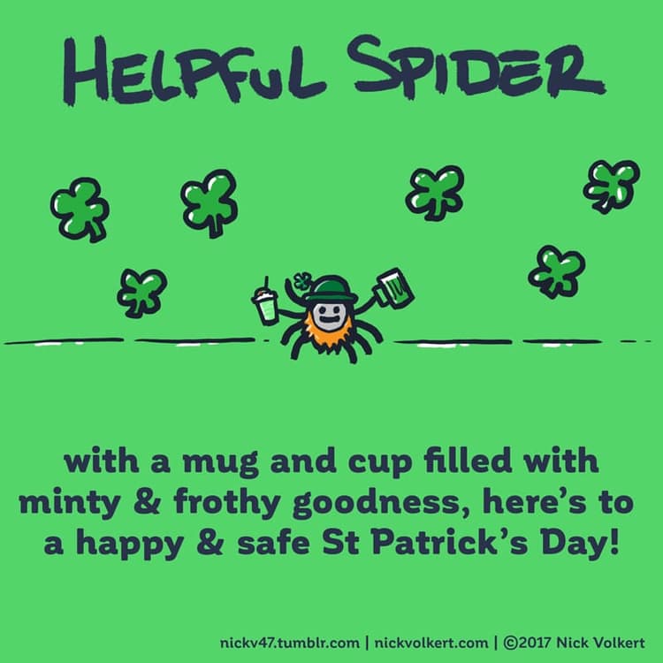 St Patrick Spider | Nick Volkert Helpful Spider is holding a green shake and beer.