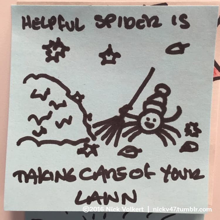 Leaf raking | Nick Volkert Helpful Spider is holding a rake in front of a pile of leaves.