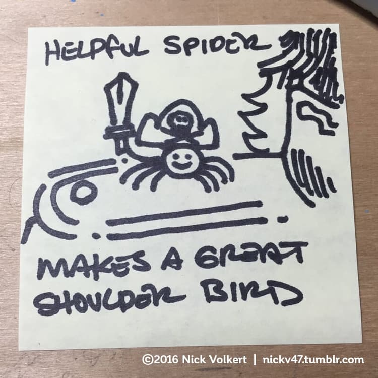 Shoulder Bird | Nick Volkert Helpful Spider is holding a sword while resting on a pirate captain's shoulder.