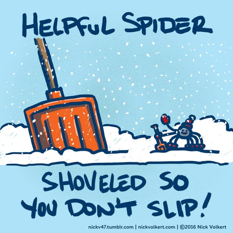 Shoveling | Nick Volkert Helpful Spider is shoveling a sidewalk.