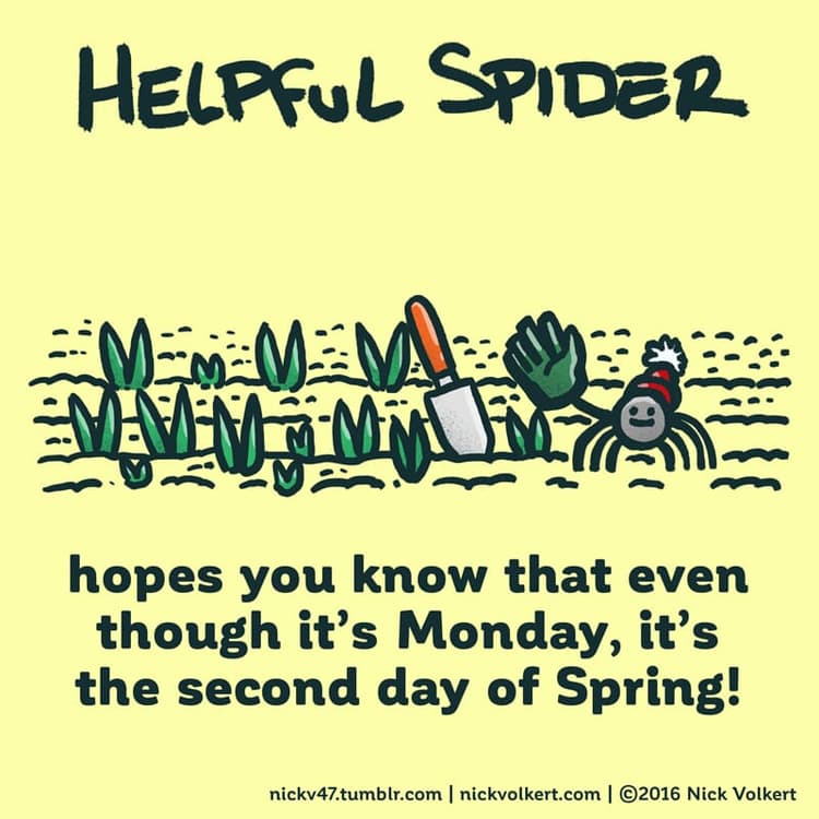 Green Thumb | Nick Volkert Helpful Spider waving with a big green glove while tending to a tulip garden.