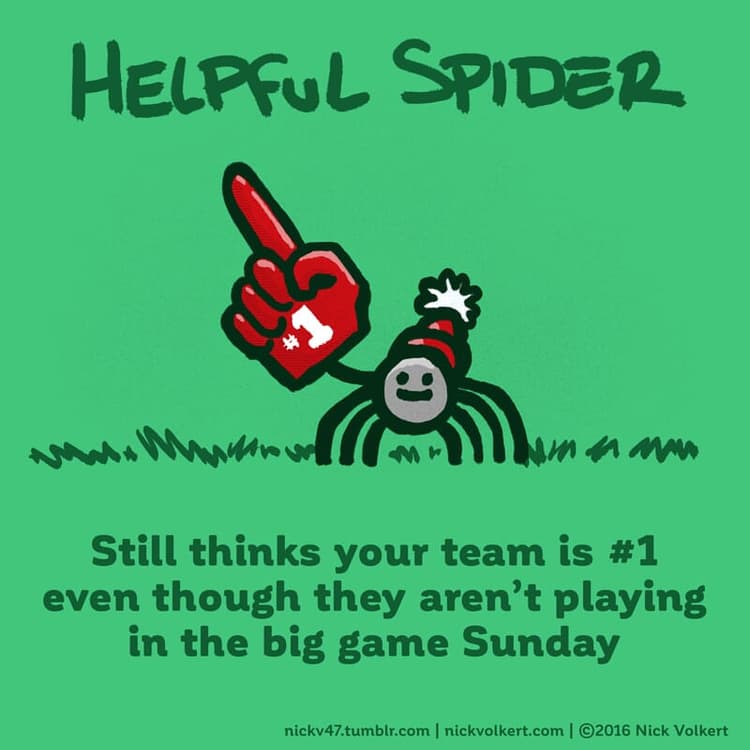 Rooting for your team | Nick Volkert Helpful Spider is rooting for your team with a big foam finger.