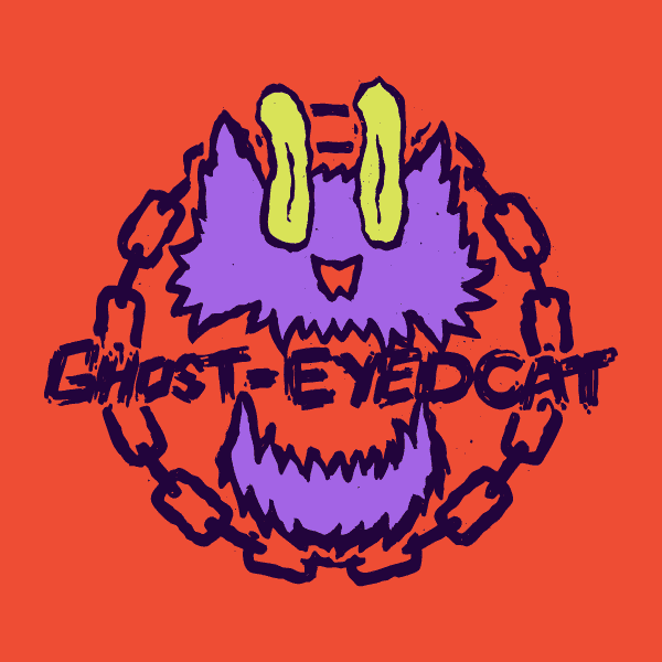 Ghost-Eyed Cat Splash Page Logo | Nick Volkert Ghost-Eyed Cat demon cat logo with a chain link marquee on a solid orange background.,Ghost-Eyed Cat demon cat logo on a dark background in full color and single color options,Hand drawn and spooky Ghost-Eyed Cat logo text on a dark background with single-color and outline options.