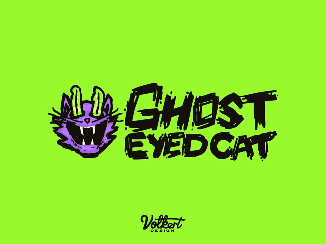 Logo on green | Nick Volkert Ghost-Eyed Cat primary stacked logo on brand green