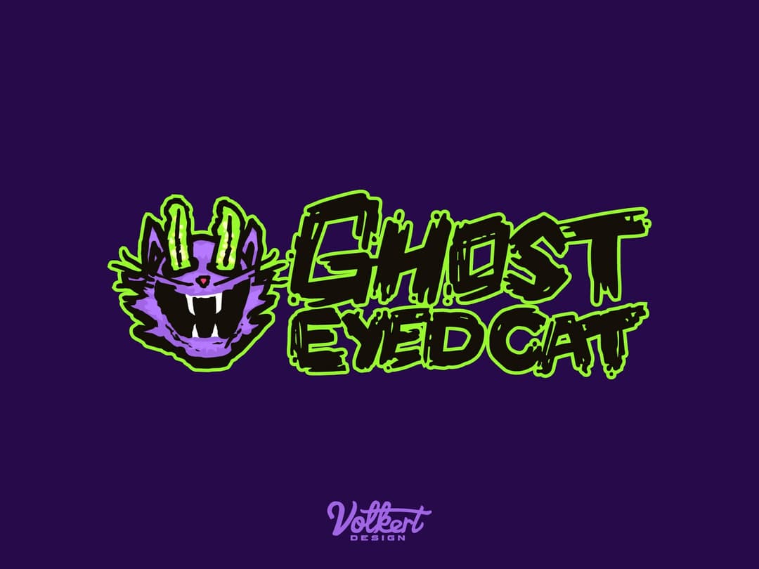 Logo on purple | Nick Volkert Ghost-Eyed Cat primary stacked logo on brand purple