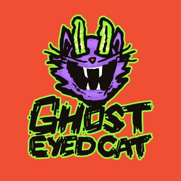 Ghost-Eyed Cat Logo | Nick Volkert Ghost-Eyed Cat primary stacked logo on brand orange,Ghost-Eyed Cat primary stacked logo on brand green,Ghost-Eyed Cat primary stacked logo on brand purple,Ghost-Eyed Cat primary stacked logos on light and dark,Ghost-Eyed Cat primary logos in black and white,Ghost-Eyed Cat primary inline logos in black and white