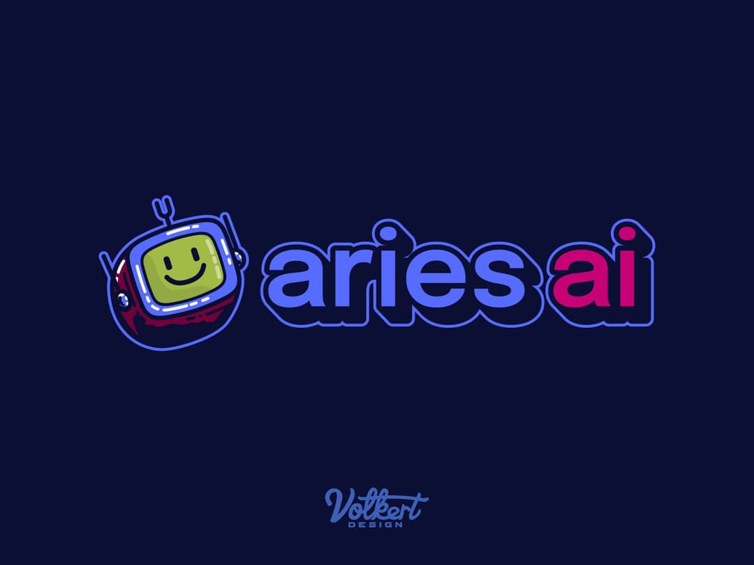Logo on dark | Nick Volkert Primary Aries AI logo on dark background with outline with the text and brand mark robot head inline.