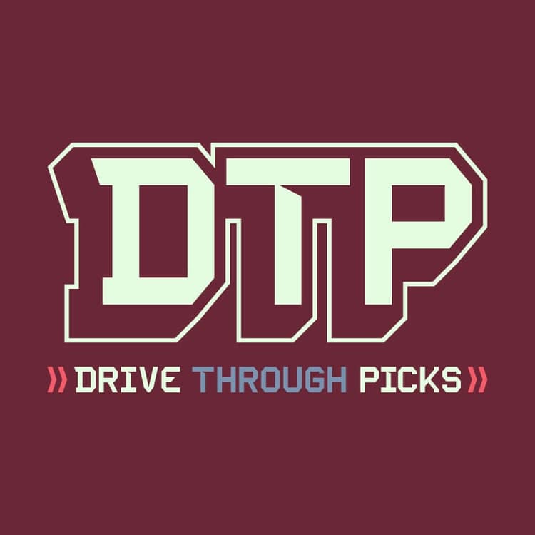 Drive Thru Picks | Nick Volkert Primary Drive Through Picks text and acronym brand mark on a maroon background.,Alternate stacked type logo on a light green on a solid seagreen background.,DTP acronym logo with stylized text and outline for Drive Thru Picks.,Drive Through Picks custom type inline on a solid maroon background.,Stacked Drive Through Picks type with a custom script for the word drive on a solid white background.,DTP and supporting Drive Through Picks text lockup in maroon on a solid white background.,Isolated stylized DTP acronym mark in black on a white background