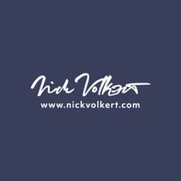 Nick Volkert Dot Com Logo | Nick Volkert A script logo in white on a light navy blue background for Nick Volkert Dot Com.,A script logo in white on black for Nick Volkert Dot Com.