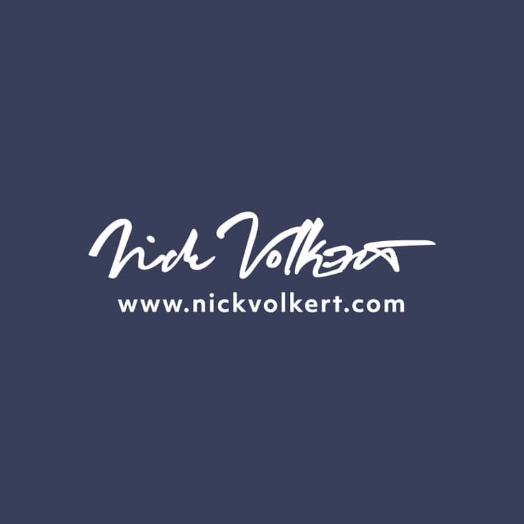 Nick Volkert Dot Com Logo | Nick Volkert A script logo in white on a light navy blue background for Nick Volkert Dot Com.,A script logo in white on black for Nick Volkert Dot Com.