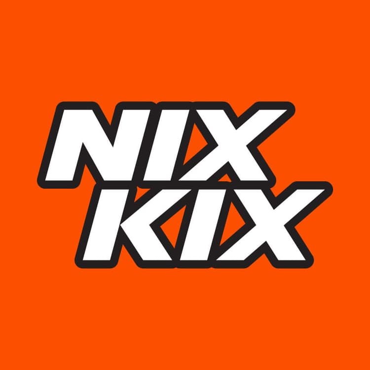 NixKix | Nick Volkert NIXKIX primary logo with different lockups for inline and stacked options on a solid orange background.,White fill and blackoutline option for the NIXKIX logo on a solid brand orange background.,Alternate NIXKIX logo on a solid black background with white text and an orange outline.,NIXKIX alternate logo that is a black outline around the letters on a solid orange background.,NIXKIX outline logo with black outlines on a solid black background.,NNIXKIX outline logo with black outlines on a solid white background.,NIXKIX logo over a photo of some footballs lined up on a grass field.