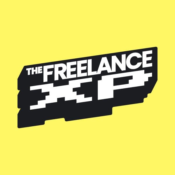 The Freelance XP | Nick Volkert Freelance XP primary logo on a bright yellow background.,Freelance XP alternate logo with badges on a black background,Freelance XP logo with a single color black alternate on a white background,,Freelance XP logo and badges grouping as a repeating pattern on a black background,Freelance XP primary logo and badge on a bright yellow background