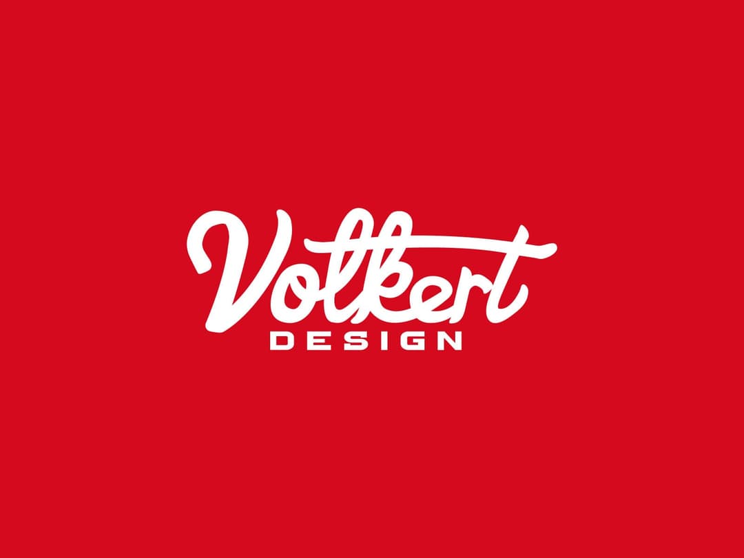Volkert Design Logo | Nick Volkert Primary Volkert Design logo with a white script on a solid red background