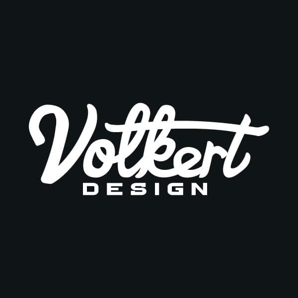 Volkert Design v3 | Nick Volkert Primary Volkert Design logo with a white script on a solid black background,Primary Volkert Design logo with a white script on a solid red background,Primary Volkert Design logo with a black script on a gray background
