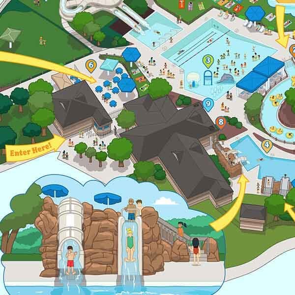 Illustrated Mystic Waters Water Map | Nick Volkert Vibrant vector map of Mystic Waters Water Park in Des Plaines, IL, illustrated by Nick Volkert.
