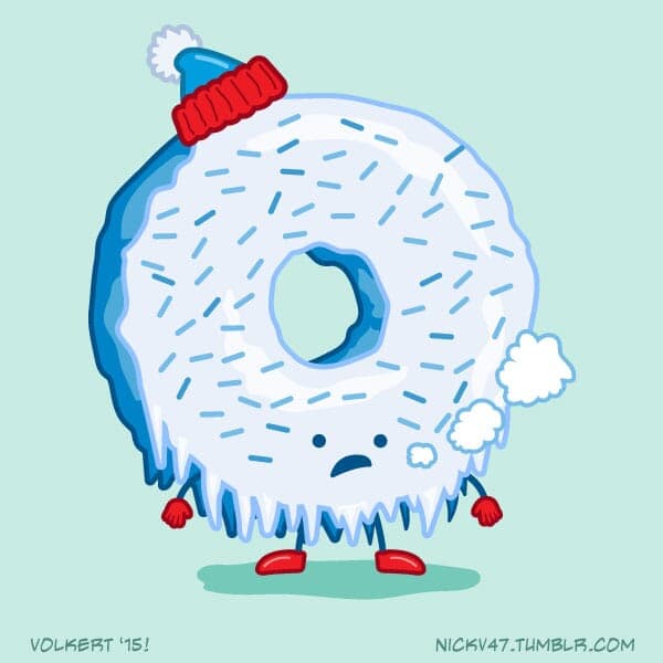 Frigid Donut | Nick Volkert A sprinkle donut with hat, gloves and boots is frozen solid.