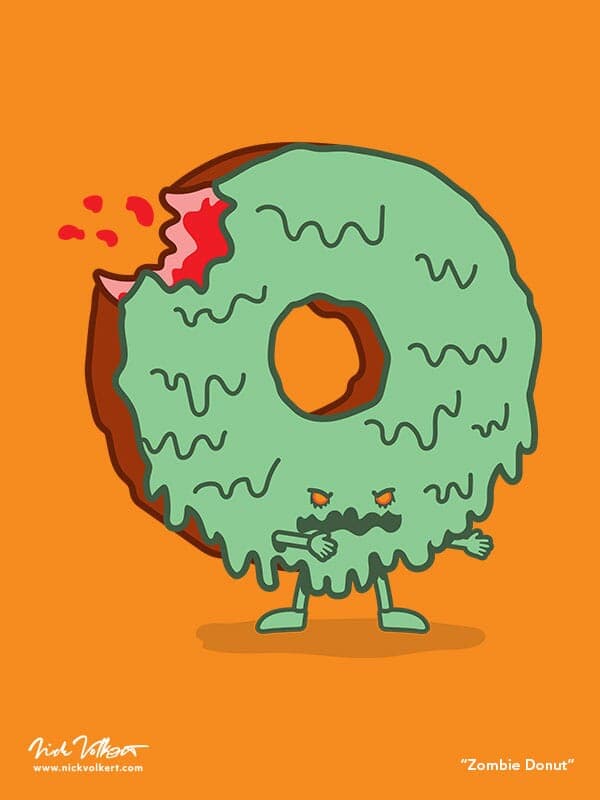 Zombie Donut | Nick Volkert A donut with a big bite out of the top of it slowly walks by as it goes through a melting process and has turned green and also into a zombie.