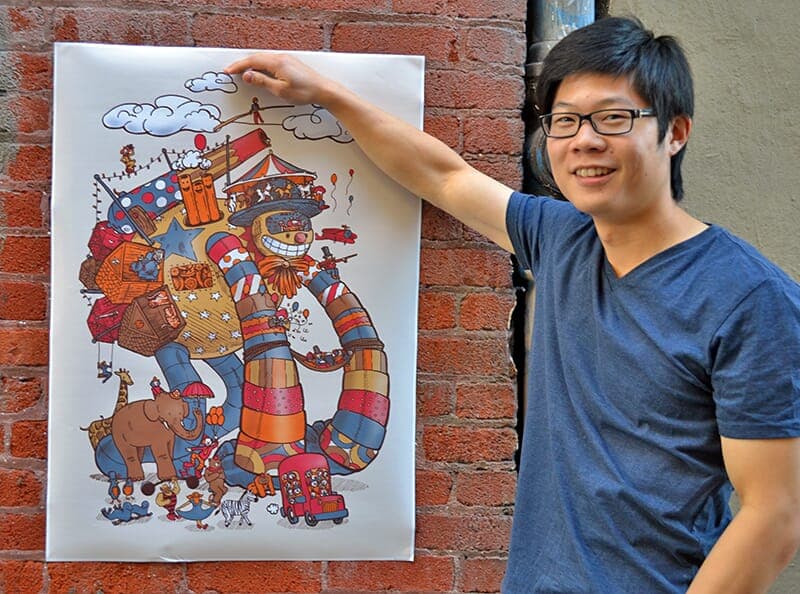 Circubot is a favorite poster of one of the Redbubble staffers | Nick Volkert A redubble staffer is proudly holding up a poster of my Circusbot design