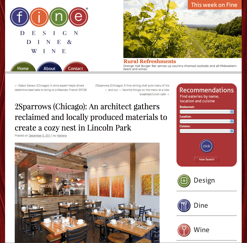 finedesigndine.com feature of my art show display at 2Sparrows | Nick Volkert feature of my painted artworks for the now closed breakfast and brunch nook in Chicago called 2Sparrows