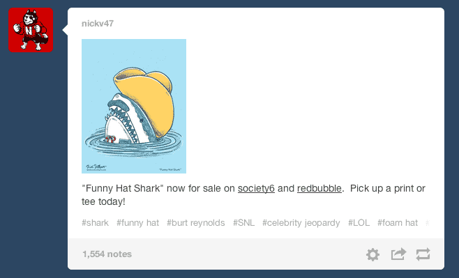 Funny Hat Shark viral note count | Nick Volkert The note count on my Funny Hat Shark illustration on Tumblr.com