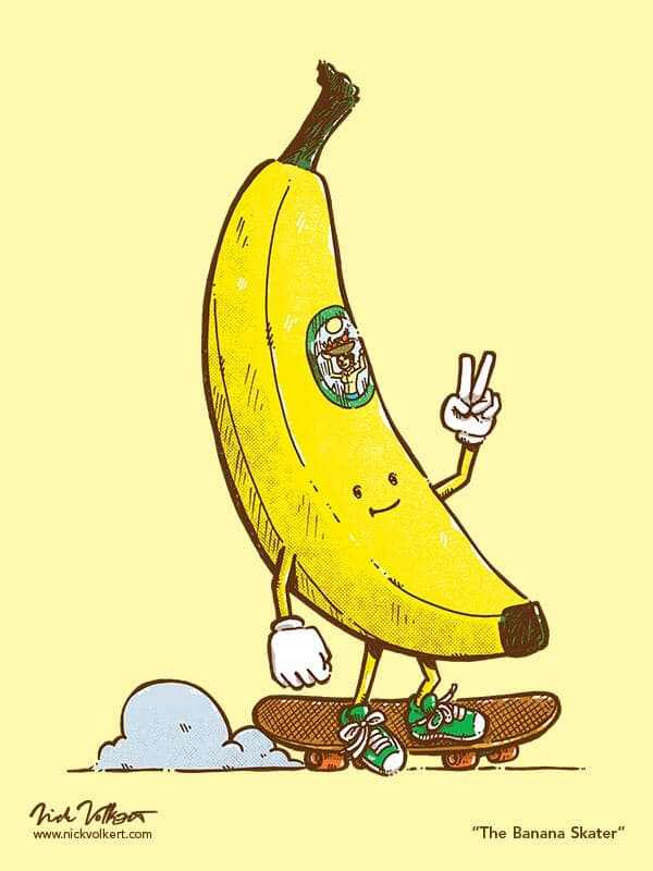 The Banana Skater | Nick Volkert A cool banana skates on a skateboard while showing a peace gesture.