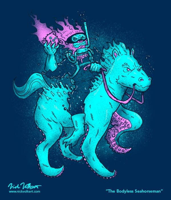 The Bodyless Seahorseman | Nick Volkert A horseman that only has a head and water for a body, rides a horse with octopus tentacles.