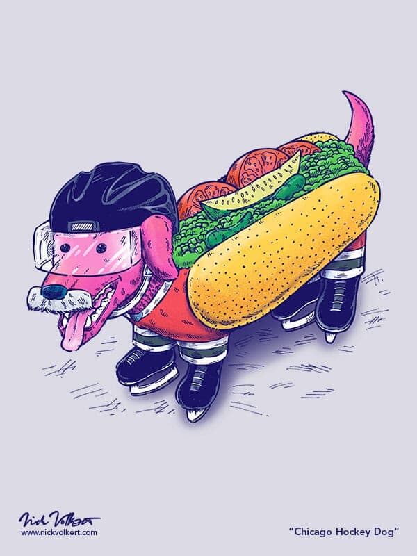 Chicago Hockey Dog | Nick Volkert A wiener dog with hockey gear on that is in Chicago colors, with a gray mustache and also a bun with chicago-style hot dog toppings.
