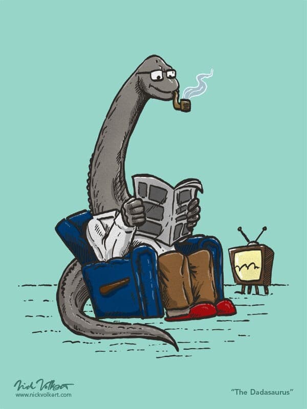 Dadasaurus | Nick Volkert A bronchosaurus dad just louncing in his chair, reading the prehistoric paper.