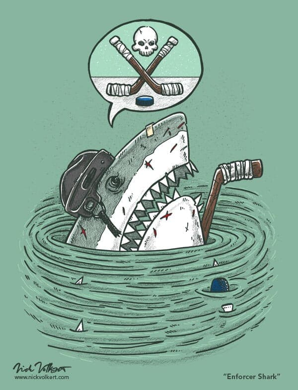 The Enforcer Shark | Nick Volkert A great white shark peeks out of the water all beat up from being a hockey goon.