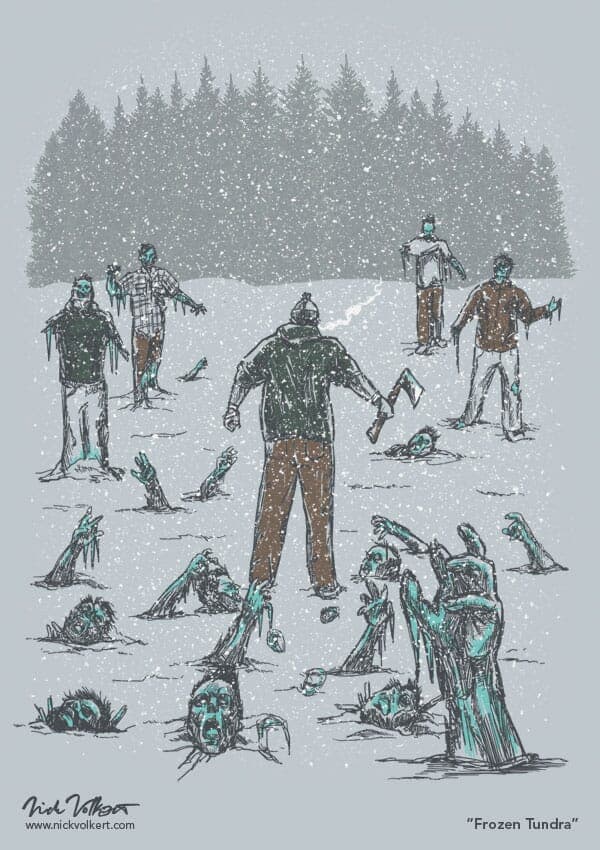 FrozenTundra | Nick Volkert An underdressed man walking through a field of frozen zombies during a snowstorm.