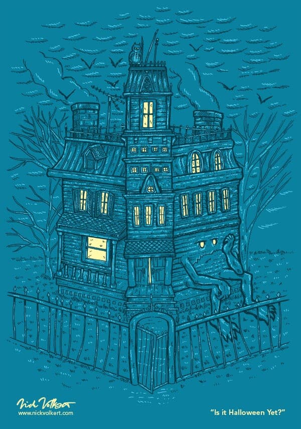 Is it Halloween Yet? | Nick Volkert A haunted house looks bored as a spooky bat-filled sky looms above.