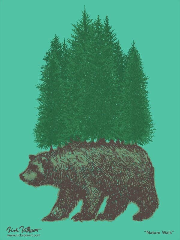 Nature Walk | Nick Volkert A grizzly bear with a pine foreset on its back walking.