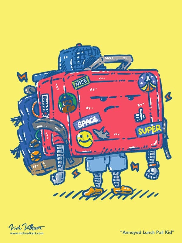 Annoyed Lunch Pail Kid | Nick Volkert A little bummed out robot lunch pail has his backpack on, is ready for school, but his enthusiasm is at an all-time low.