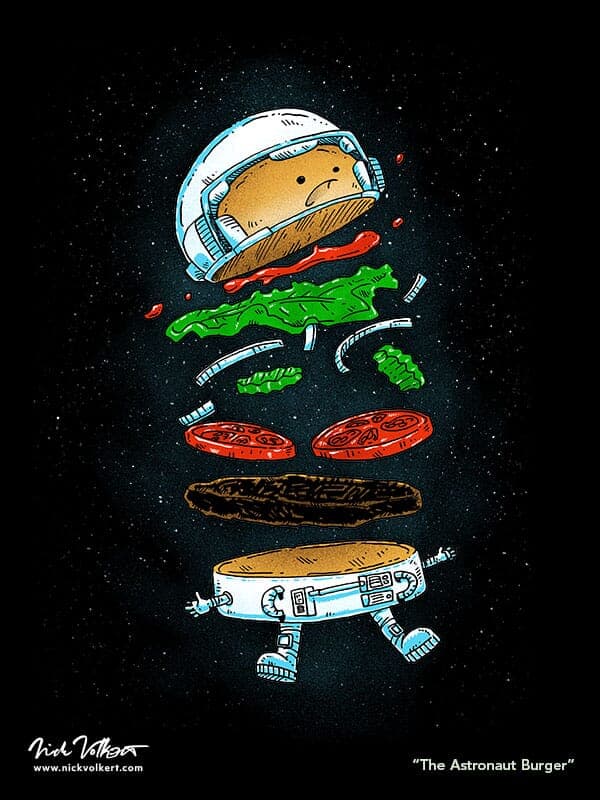 The Astronaut Burger | Nick Volkert An astronaut burger is falling apart in outerspace.