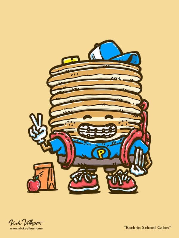 Back to School Cakes | Nick Volkert Captain Pancake smiles at the viewer as a younger version of himself, with braces a book bag and holding his books with his lunch on the ground at his side.