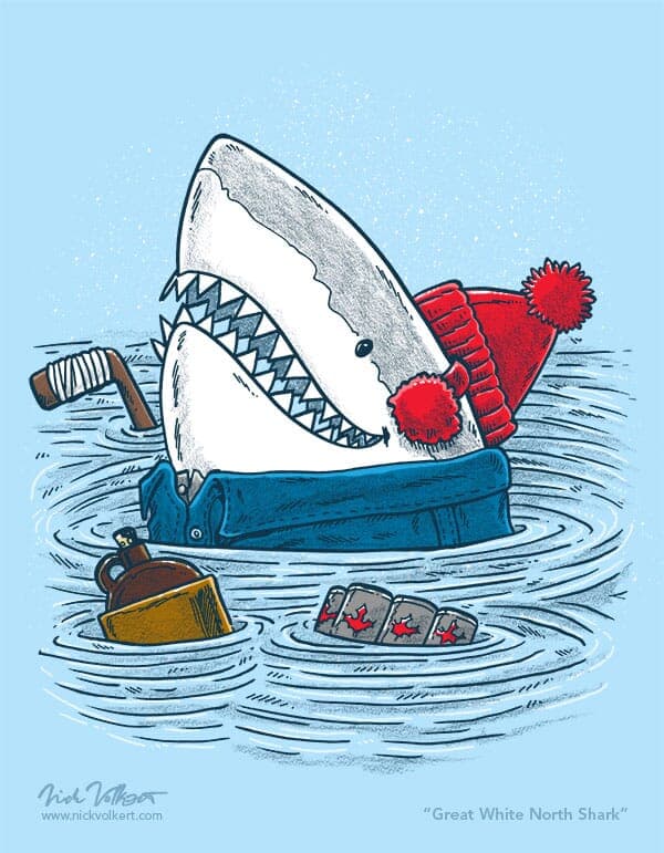 The Great White Northern Shark | Nick Volkert A great white shark peeks out of the water wearing warm weather gear and is surrounded by his Canadian favorites.