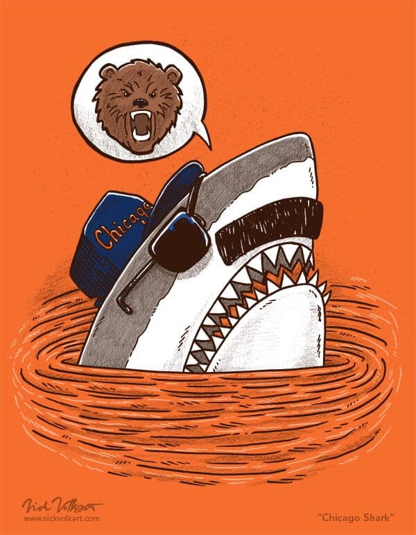 Da Chicago Shark | Nick Volkert A great white shark peeks out of the water in Lake Michigan with a mustache, hat, and sunglasses.
