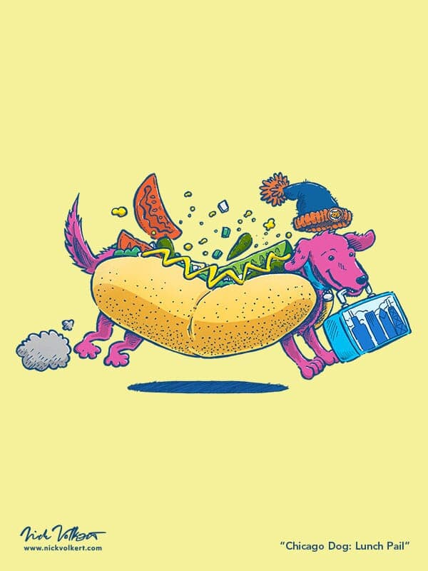 Chicago Dog: Lunch Pail | Nick Volkert A dachshund wearing a Chicago hot dog costume runs by with a lunch pail that has the Chicago skyline.