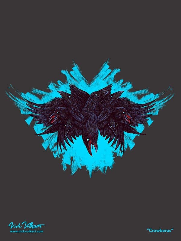 Crowberus | Nick Volkert A crow with four wings and multiple heads against a teal brush stroke background, illustrated in a scary manner.