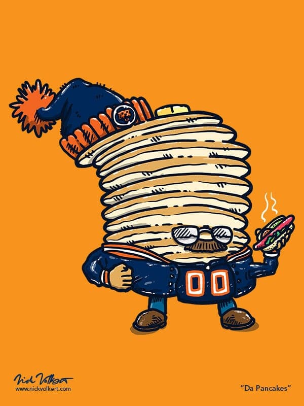 Da Pancakes | Nick Volkert Captain Pancake is dressed like a Chicago Bears Superfan, and is holding a chicago-style hot dog.