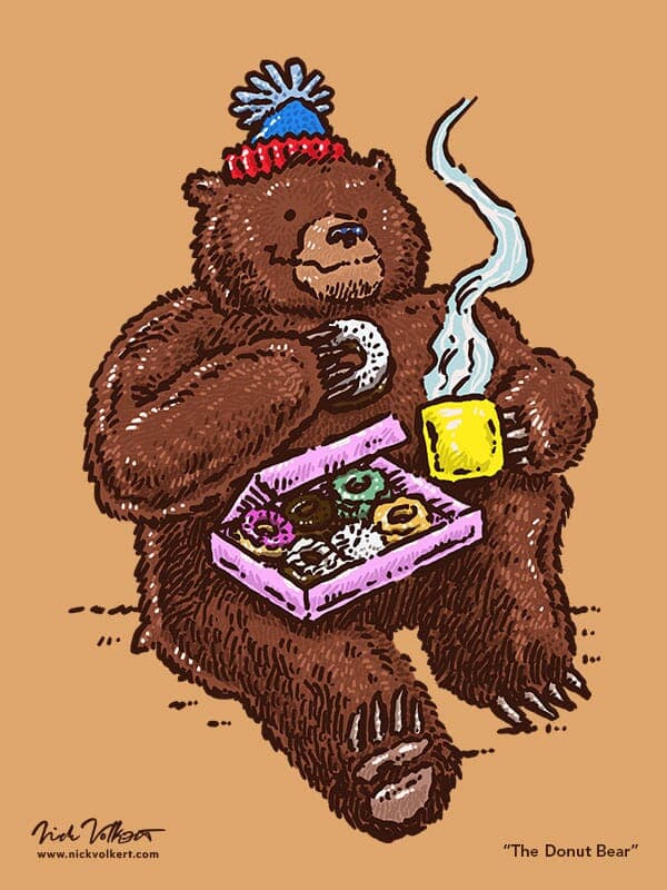 The Donut Bear | Nick Volkert A burly bear in a pom-pom stocking cap enjoys a baker's dozen of donuts and a hot coffee!