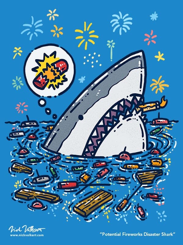 Potential Fireworks Disaster Shark | Nick Volkert A shark with a small lighther between its sharp teeth with a small flame flickering in the night is surrounded by an emptied crate of fireworks!