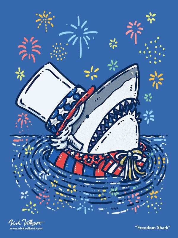 The Freedom Shark | Nick Volkert A great white shark emerges from the water with a full red, white and blue outfit detail as independence day fireworks light up the night's sky!