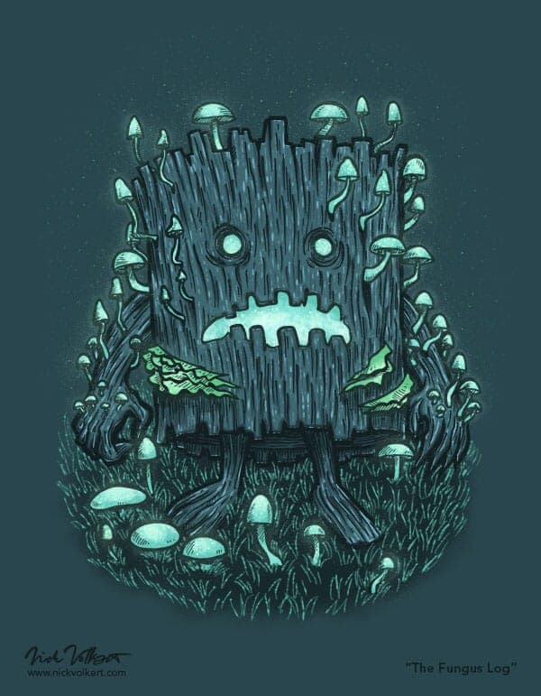 The Fungus Log | Nick Volkert A log with a face is in a trance, possessed by fungus and mushrooms.