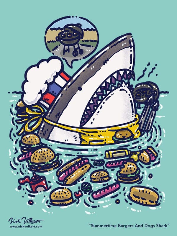 Summertime Burgers And Dogs Shark | Nick Volkert A patriotic shark emerges from the water with hot dogs, burgers and condiments and is working the grill with his apron and tongs.