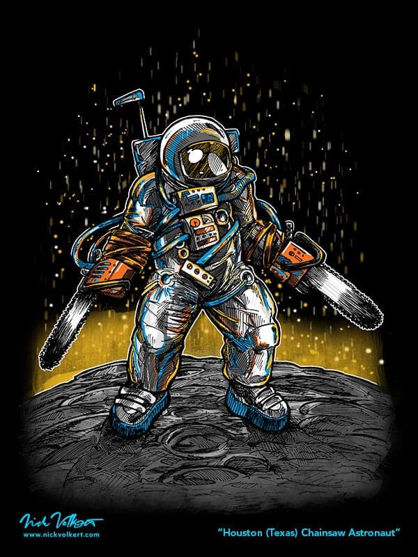Houson / Texas Chainsaw Astronaut | Nick Volkert An astronaut in space wielding chainsaws for hands standing on the surface of the moon.