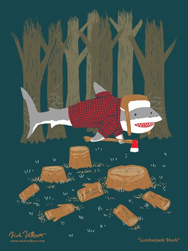 The Lumberjack Shark | Nick Volkert A shark dressed as a lumberjack with a warm hat and axe strikes a pose in a woodland setting.